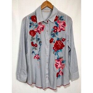 Soft Surroundings size S Striped Floral Embroidered Tunic Button Shirt Roses i